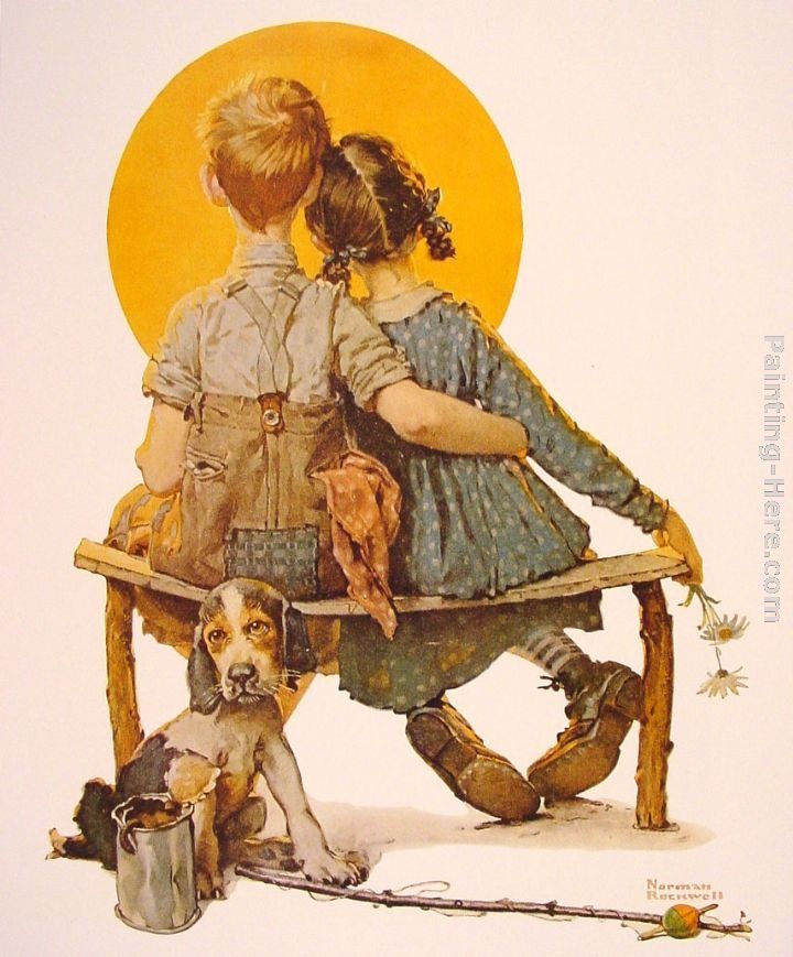 Norman Rockwell Boy and Girl gazing at the Moon